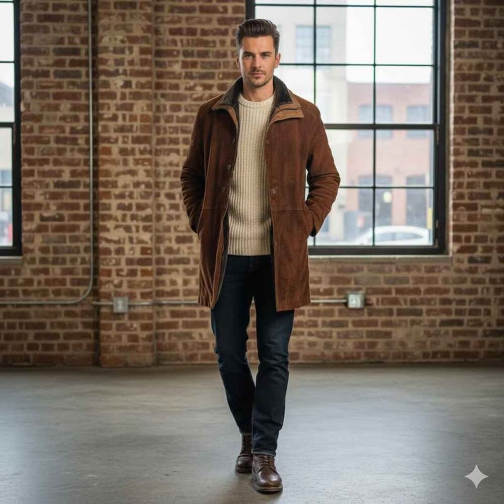 Unbranded Suede Faux Shearling Lined Winter Car Coat Jacket Brown‎ Large L